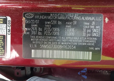 2008 Hyundai Santa Fe Gls z USA, uszkodzony, nr VIN 5NMSG73D08H162654